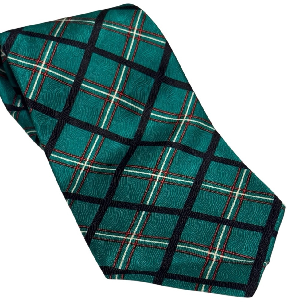 Oscar de la Renta 100% silk green, red black plaid men’s tie Christmas holiday